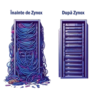 Network rack with tangled cables before zyNox, and tidy after