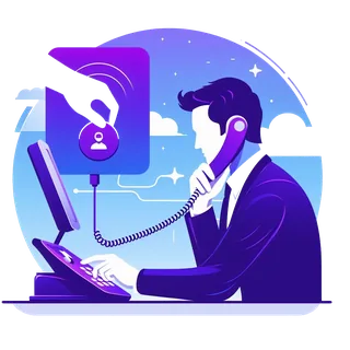 Illustration: an employee talking on a desk phone next to a computer